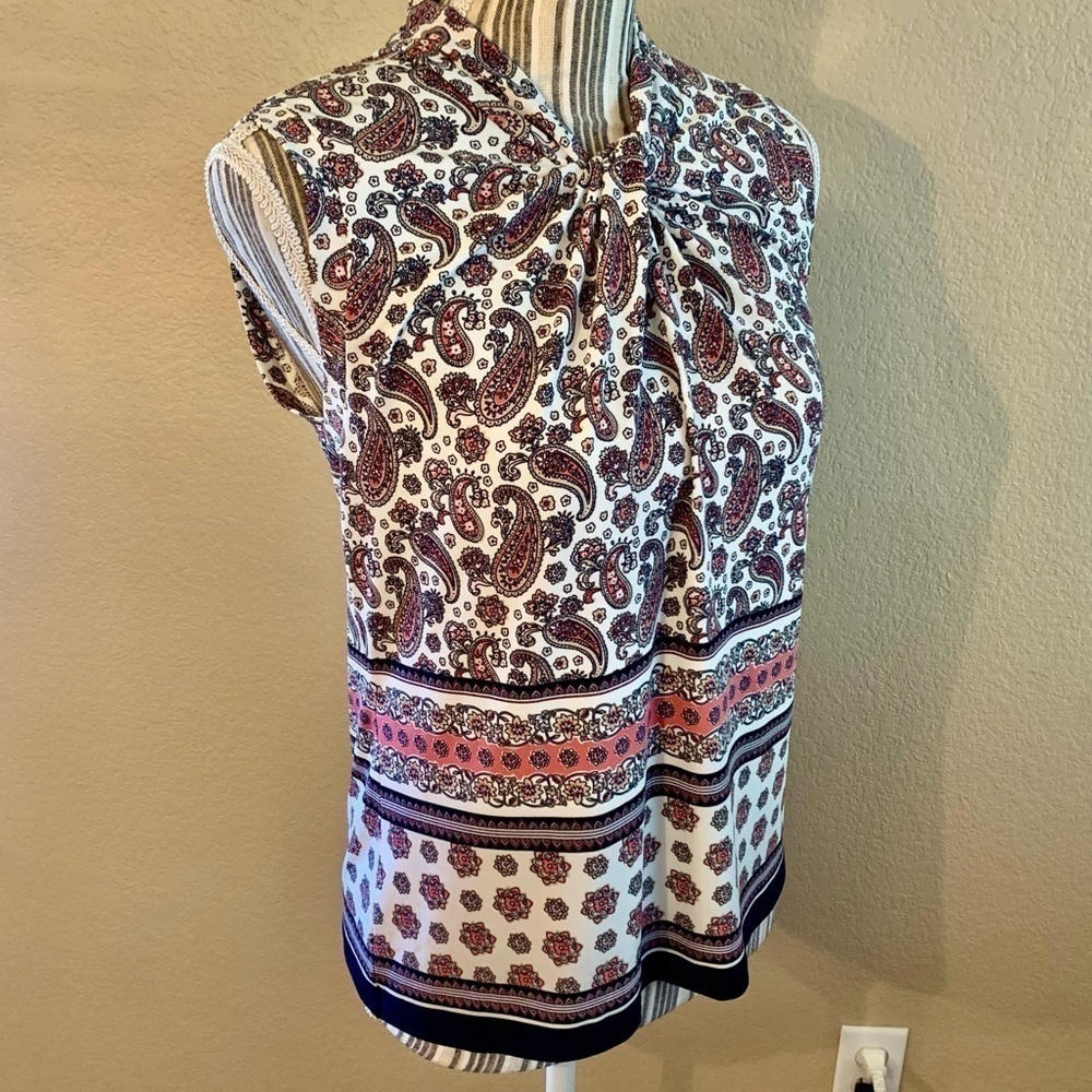 Tommy Hilfiger Tunic Top XS Sleeveless White Paisley Navy Pink Beige Stretch - Picture 4 of 13